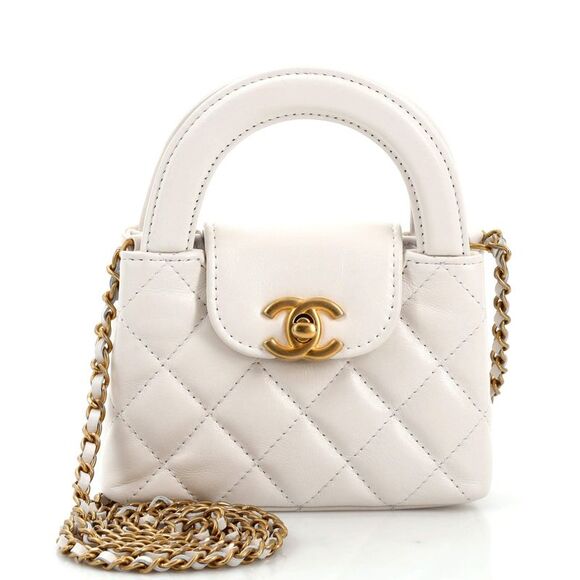 Chanel Kelly Top Handle Clutch with Chain Quilted Shiny Aged Calfskin White - Picture 1 of 6
